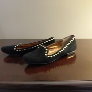 Elegant Black Suede Loafers with Gold Stud  Accents